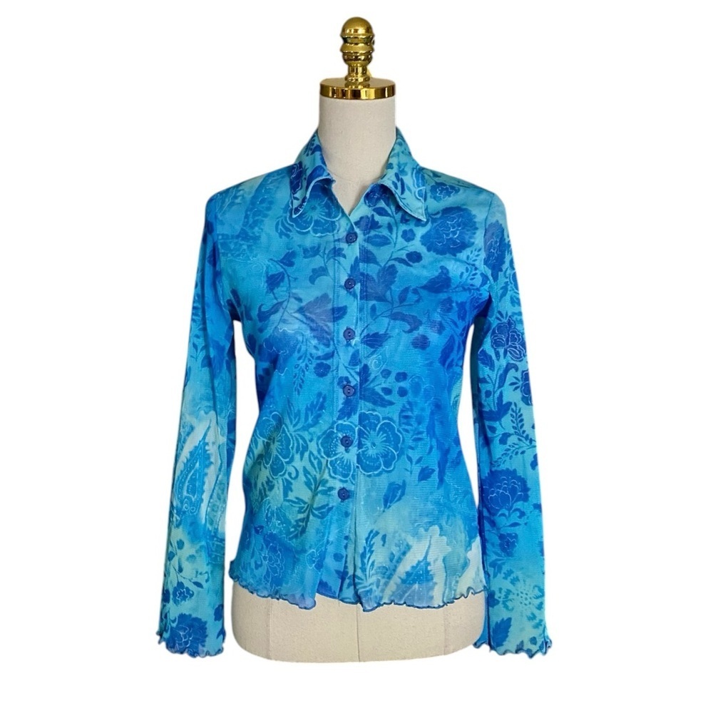 Josephine Chaus Vintage Y2K Sheer Mesh Floral Print Button Up Blouse Shirt Top S